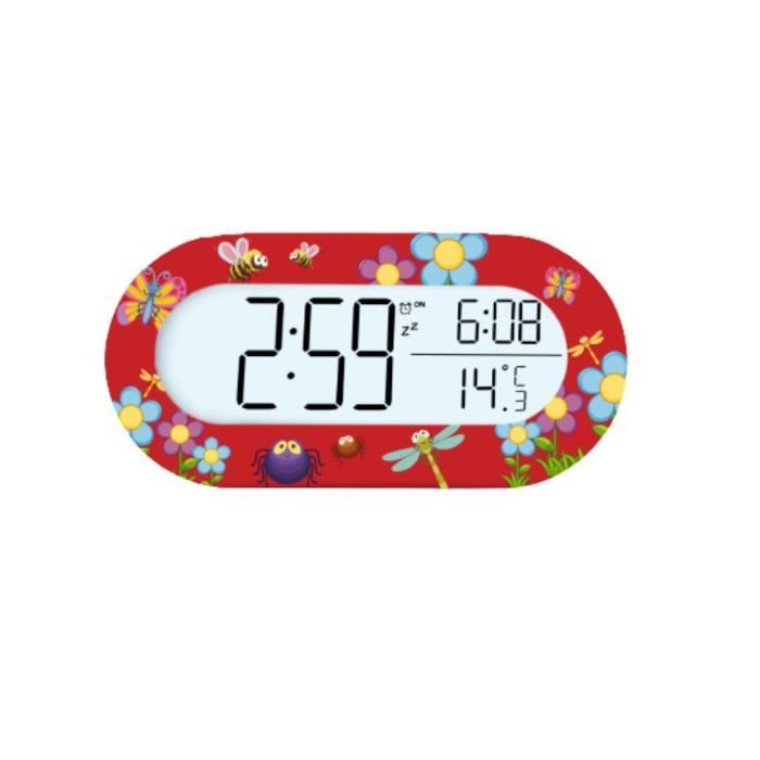 Réveil numérique WeKids, écran rétro-éclairé, affichage heure et température, fonctionne sur piles , motif rouge insecte