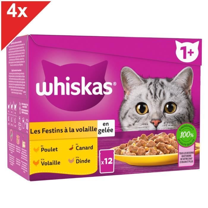 WHISKAS 48 Sachets fraîcheur en gelée 4 variétés volaille pour chat 85g (4x12)