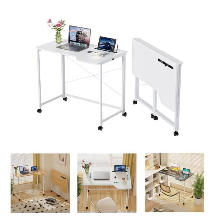 Blanc Bureau dordinateur avec fente de tablette Table dappoint pliable 90° avec Roulettes rotatif 90x56x75cm de salon chambre