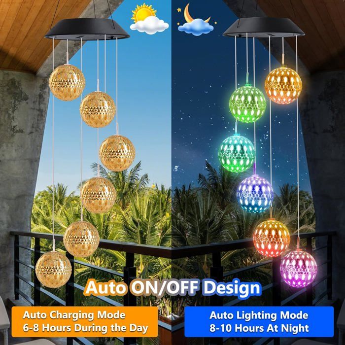 Carillon Solaire Décoratif Pour Jardin - Lampes LED Couleurs Changeantes, Prismes De Cristal - Son Cristallin - Fonctionne à L'énergie Solaire - Décoration Suspendue Extérieure