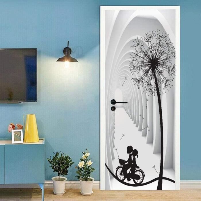 Autocollant Porte 3D Trompe-l'œil Bois Bambou - 100x215 Cm (2 Pièces), PVC Adhésif Amovible - Déco Salon, Chambre, Salle De Bain
