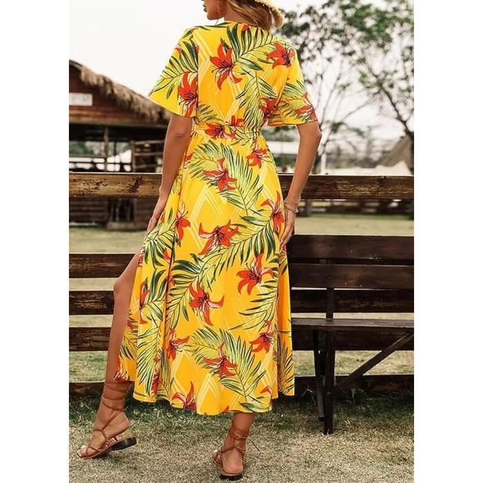 Robe Longue Femme Été Chic Robes Imprimé Florale Sexy Dress Robe de Plage  Robe Tunique Une Ligne