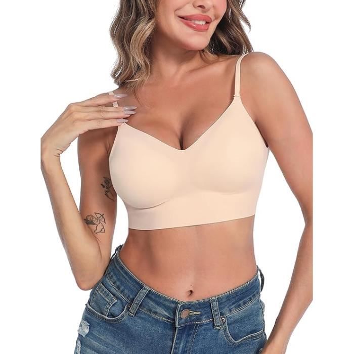 Soutien Gorge Decollete Plongeant Push Up Sexy,soutien Gorge Dos Nu Invisible Forte Poitrine Bretelle Fine, Brassiere Femme Sans Armature Rembourré Sans Couture Quotieien Classiques (Beige, 32