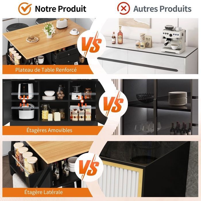 Îlot de cuisine portable 120 cm avec table pliante, étagères ouvertes, prises AC/USB, porte vitrée, étagère réglable, roulettes avec freins – pour cuisine, salle à manger, salon – blanc et bois