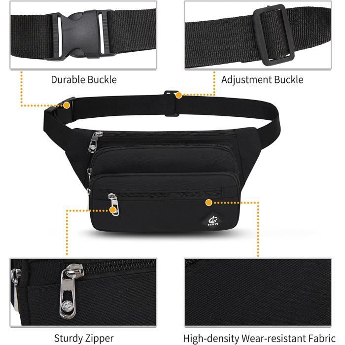 Sac Banane Sport Homme Femme - Nylon Imperméable - Bandoulière Réglable - Multi-Poches - Randonnée, Voyage, Jogging