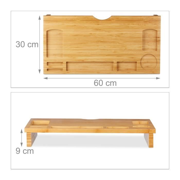 Relaxdays Support moniteur bambou, Rehausseur écran 2 tiroirs