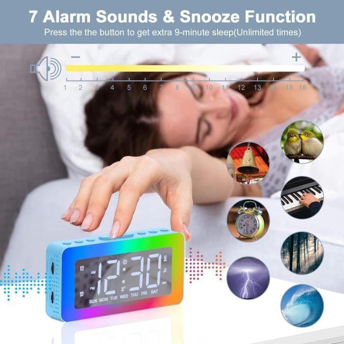 Réveil Numérique AFEXOA Avec Miroir LED - 8 Lumières RGB, 7 Sonneries, Port USB - Pour Chambre