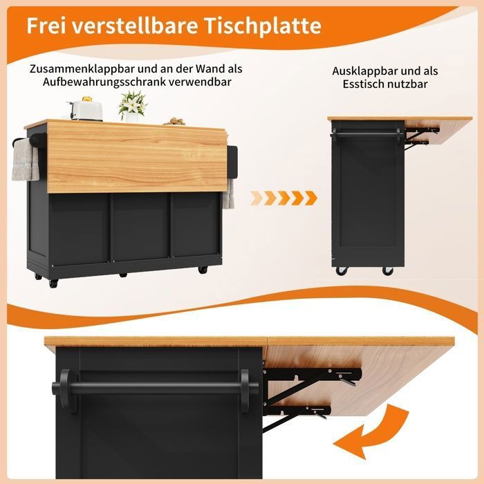 Îlot de cuisine multifonction avec table pliante, rangement spacieux, roulettes et design bois élégant - 120×92×43cm | Leroy Merlin