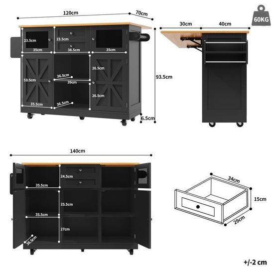 Îlot De Cuisine Portable De 120 Cm Avec Table à Manger Pliante Rangement Ouvert Revetement Stratifie Reglable Roulettes Avec Freins 76484045
