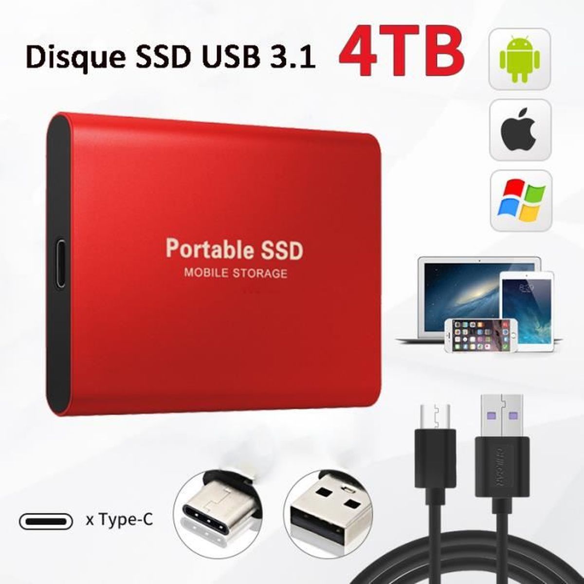 AMOUNE Disque SSD Externe Portable 4TB, USB 3.1 Disque SSD Externe, USBC Memoria externa Mini