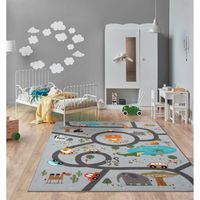 the carpet Happy Life - Tapis de jeu pour chambre d'enfant avec des rues et des animaux de la jungle mignons, gris, 80 x 150 cm