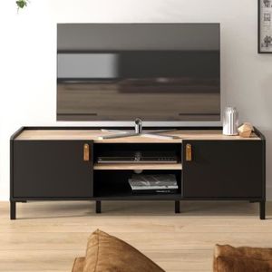 MEUBLE TV Meuble TV Gami - Style Industriel - Décor chêne noir - L 136 x P 40 x H 44 cm - Made in France - AMSTERDAM