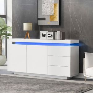 Buffet Bas Salon Moderne à Lumière LED, Armoire Latéraux 2 Portes 3 Tiroirs Façade Brillante, Meuble d'entrée 140x35x72.5cm, Blanc