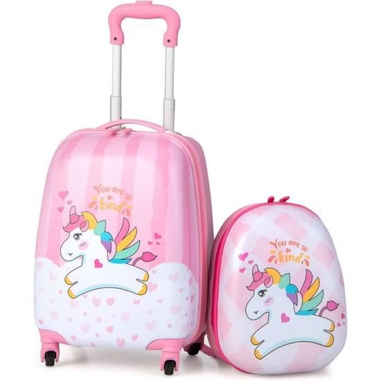 GOPLUS Valise Enfant 18” à Roulettes avec Sac à Dos 12”, Motif  Mignon,Surface Etanche,Hauteur de Poignée Réglable pour Garçon/Fille