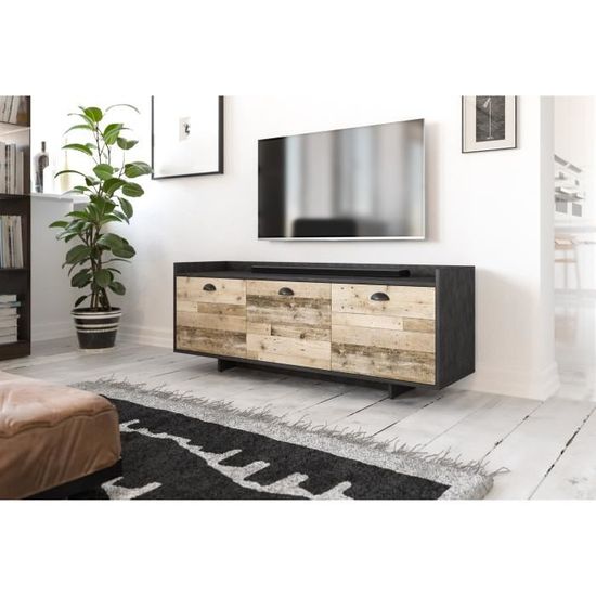 3xEliving Élégant meuble TV FULGURES, 140 cm graphite matera / oldwood