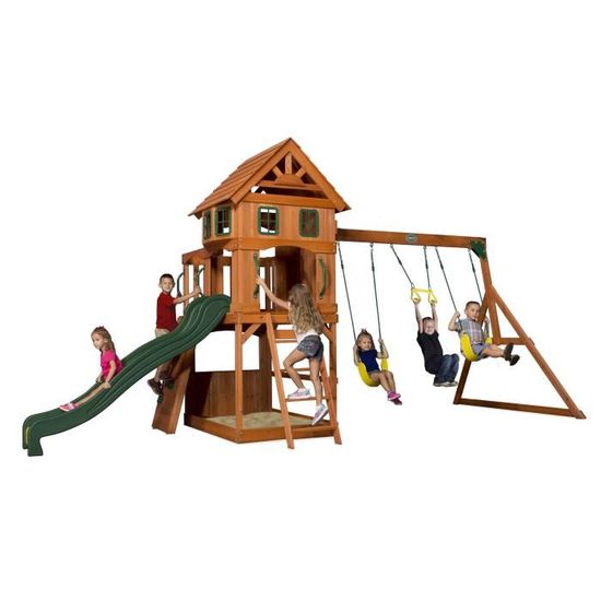 Backyard Discovery Aurora aire de jeux en bois, Avec balançoire / toboggan  / bac de sable / échelle, Maison enfant exterieur