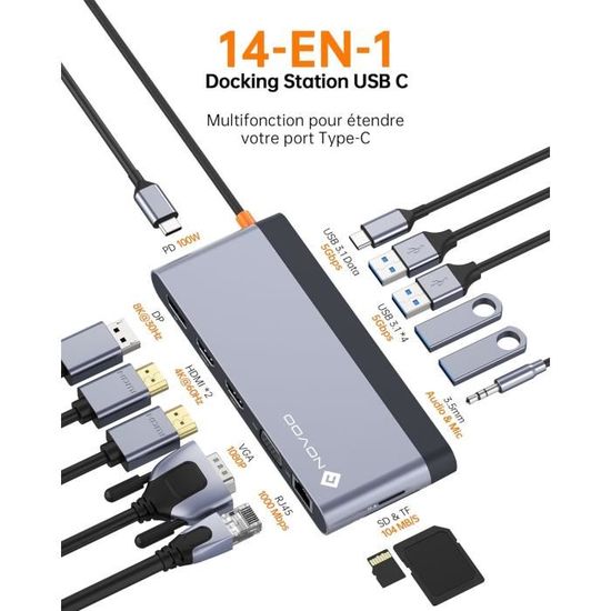 Station D'accueil USB-C 14 En 1 NOVOO - Double HDMI 4K 60Hz, DP 8K, 6 Ports USB, Ethernet Gigabit, PD 100W, SD/TF - Pour MacBook, Dell, HP, Lenovo - 7