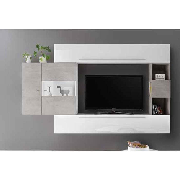 LUDOVICA 26 LAQUE BLANC ET BETON ENSEMBLE COMPOSITION MURALE MEUBLE TV TENDANCE