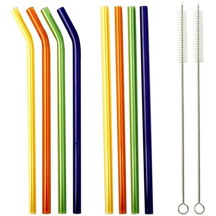 LA VAGUE SMOOTHIE PARTY Ensemble de 8 pailles en verre droites et courbées réutilisables multicolores