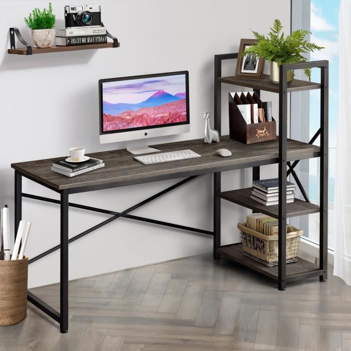 Table de bureau en bois et acier - avec étagère à 3 niveaux - pour bureau, salon, cadre en métal, style industriel-140 x 64 x 120 cm