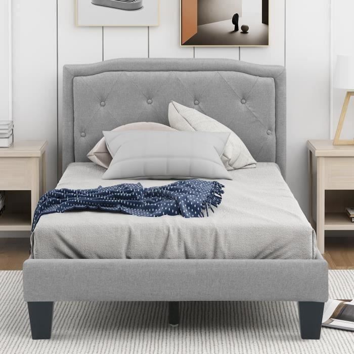 Lit simple pour adulte ou enfant avec sommier 90x200 cm 1 place, tête de lit capitonnés avec strass, lin gris - ModernLuxe