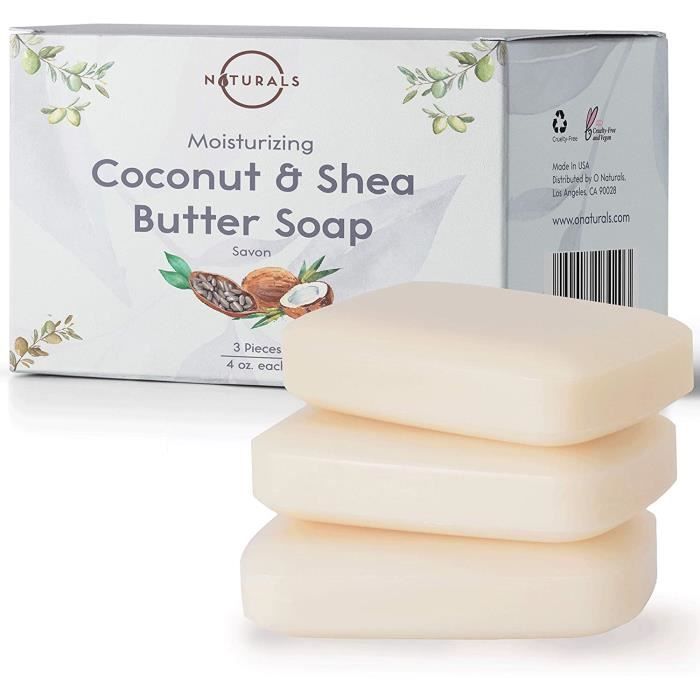 O Naturals Savon Coco et Beurre de Karite Pur Hydratant Pour Peau Seche Traitement Naturel de l'Eczéma. Savon Eclaircissant Peau Net