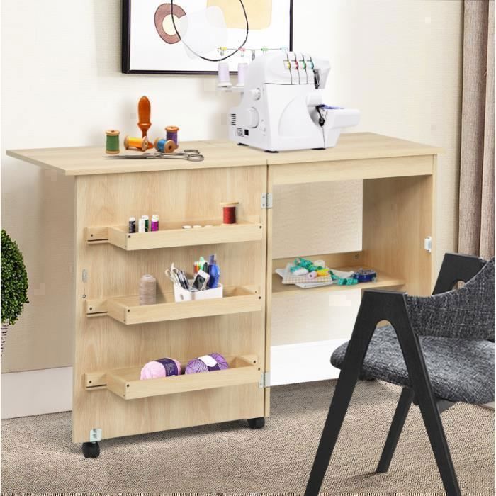 GIANTEX Table de Couture Pliante pour Machine à Coudre avec Roulettes,4 Étagères de Rangement,Table d’Ordinateur à Roulettes