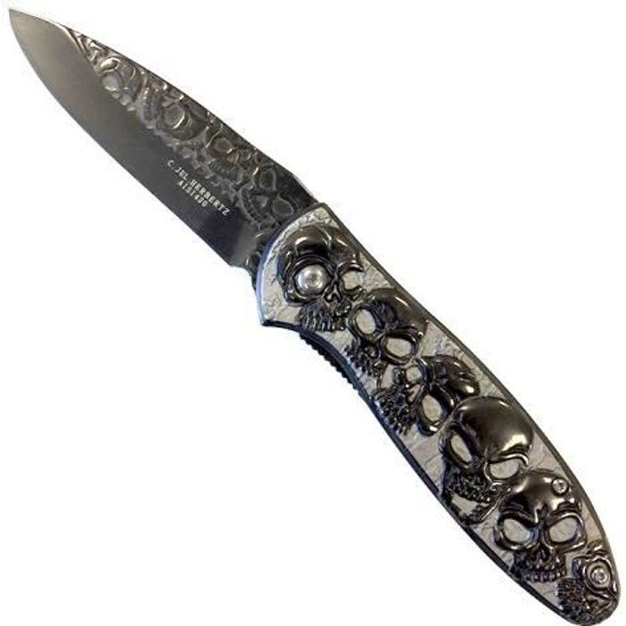 Couteau de Poche Tete de Mort Skull Herbertz - Lame Noire Manche Acier Inox