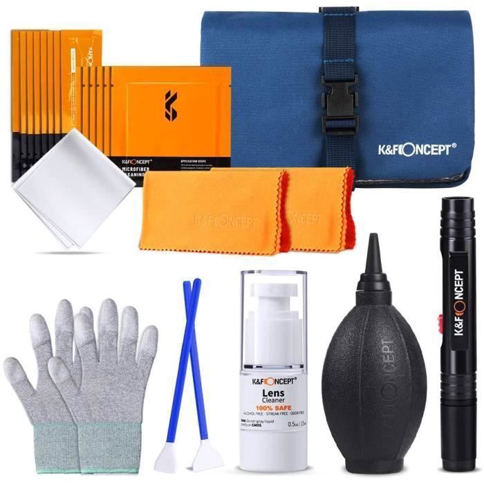 K&F Concept Kit de Nettoyage Photo : Poire Soufflante Stylo 2 Styles de Chiffon Écouvillons pour Capteur APS-C-APS Gants Liquide Sac