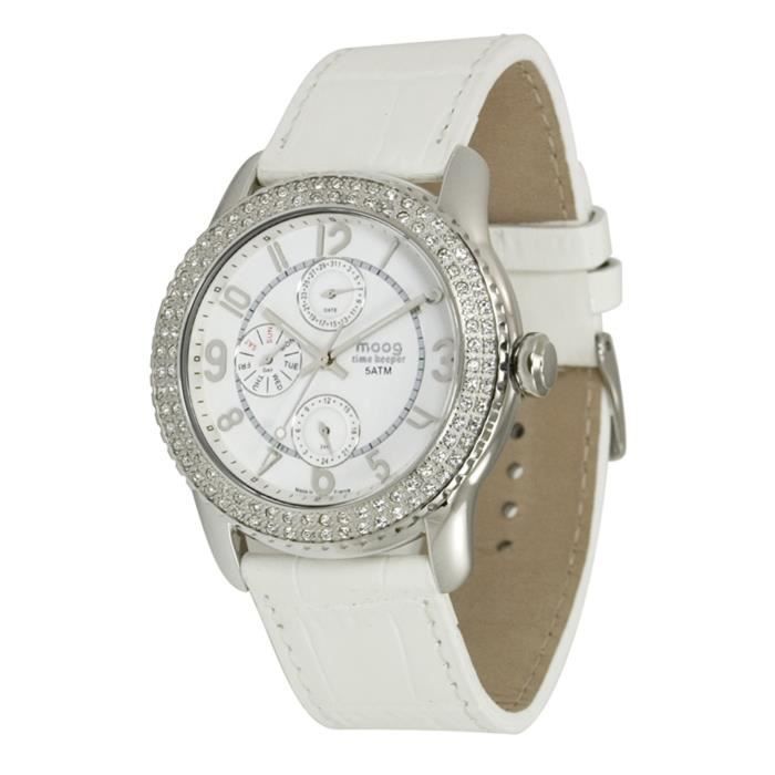 Montre Femme Moog Paris Time Keeper avec Cadran Blanc, Eléments Swarovski, Bracelet Blanc en Cuir Véritable - M44732-001
