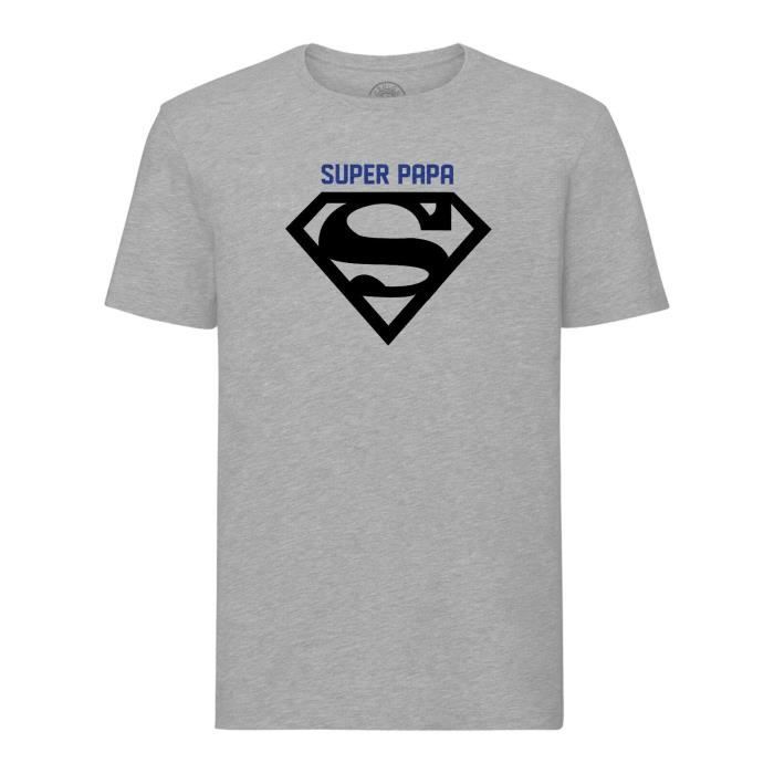 T-shirt Homme Col Rond Gris Super Papa Logo Super Héros Fete des Pères