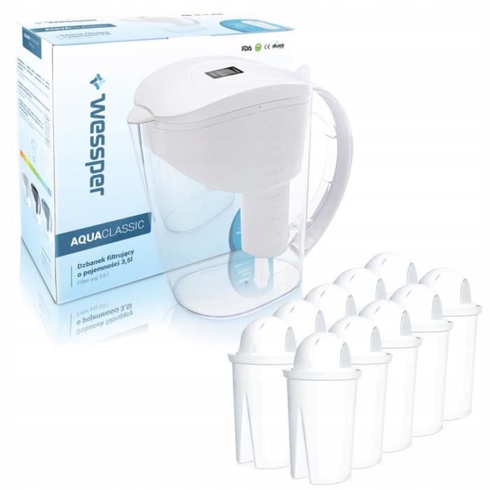 Wessper AquaClassic Carafe filtrante 3,5L, coloris blanc + 11 filtres (remplacement pour Brita Classic)