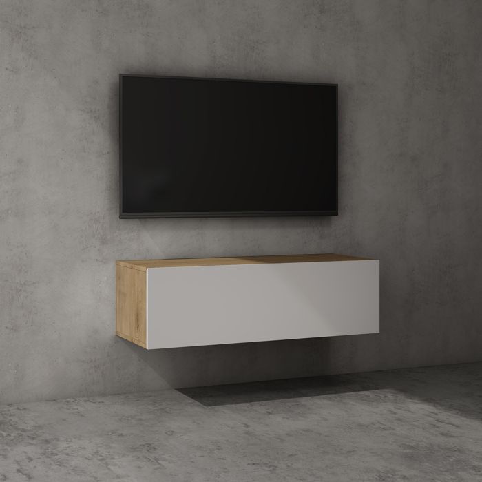 sogood meuble tv bas 100 cm armoire tv marron clair + blanc mat table de télévision salon avec 2 portes meuble tv suspendu mbtv02