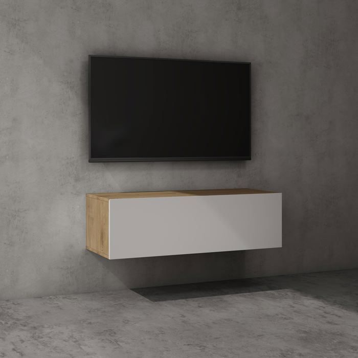 doporro Meuble TV Bas 100 cm Armoire TV Marron Clair + Blanc Mat Table de Télévision Salon avec 2 Portes Meuble TV Suspendu MBTV02