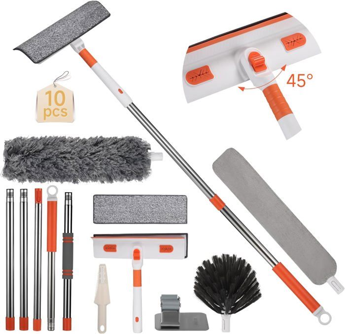 Kit Raclette Vitre Newpop 2 En 1 - Manche Télescopique 120cm - Brosse Et Raclette Silicone