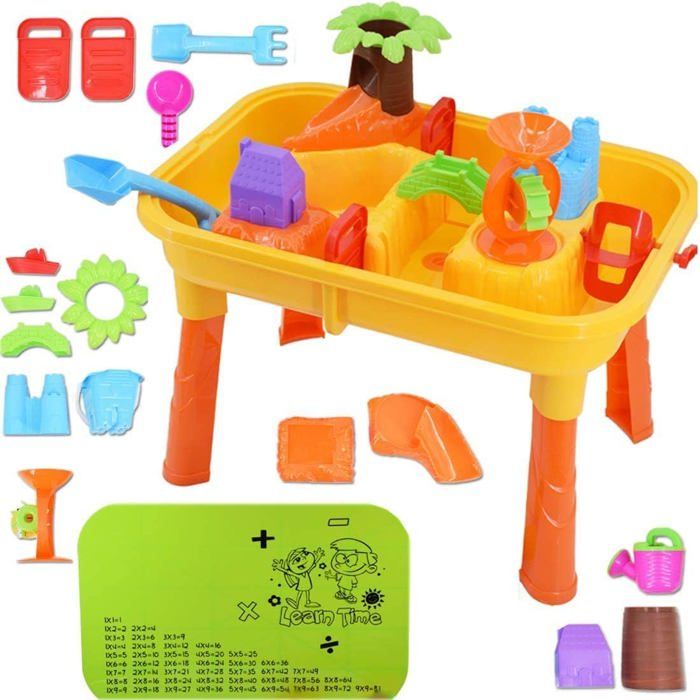 Table Jeu De Sable Et Eau 4 En 1 – Activité Extérieure – Inclut Chaise, Tamis, Moules – ABS – Cadeau été Enfant