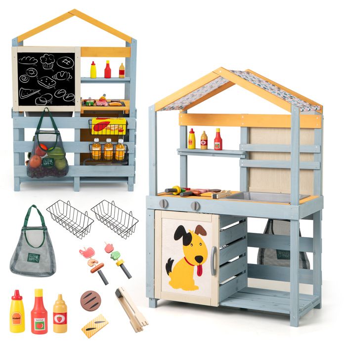 DREAMADE Cuisine Extérieure Enfants Jeu Imaginaire avec Magasin dAlimentation Tableau Noir Panier de Rangement Boutons