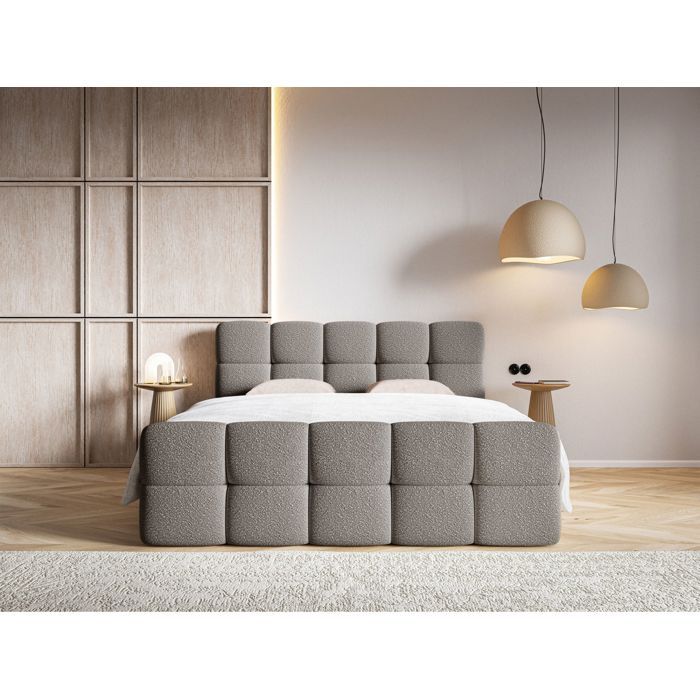 Lit continental - SELSEY - CLOUDY - 140x200 cm - tissu bouclette gris - matelas Bonell + topper 5 cm Lit continental - SELSEY - CLOUDY - 140x200 cm - tissu bouclette gris - matelas Bonell + topper 5 cm