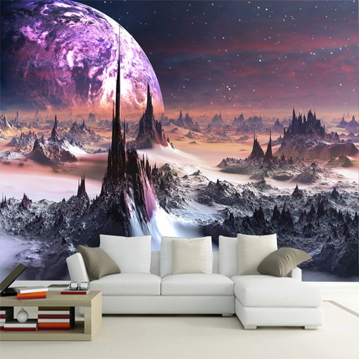 Papier Peint Panoramique 3D lune nuit ciel univers photo fond d'écran ...
