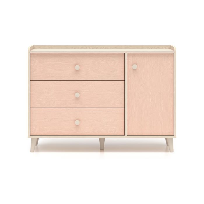 Commode 1 porte 3 tiroirs Petits-meubles - Alycia - 120 x 40 x 85cm - Beige - Rose corail - Effet bois Commode 1 porte 3 tiroirs Petits-meubles - Alycia - 120 x 40 x 85cm - Beige - Rose corail - Effet bois