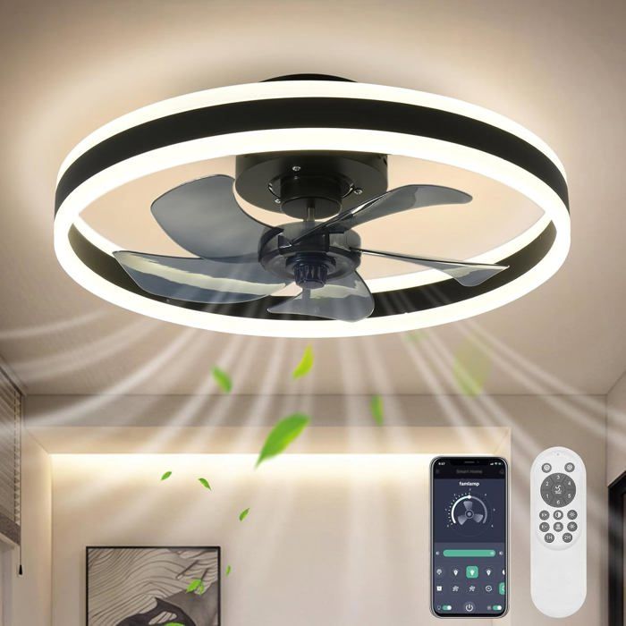 Ventilateur plafond avec lumière LED silencieux noir 40cm – Télécommande & APP 6 vitesses 3 couleurs minuterie idéal chambre - Prumya