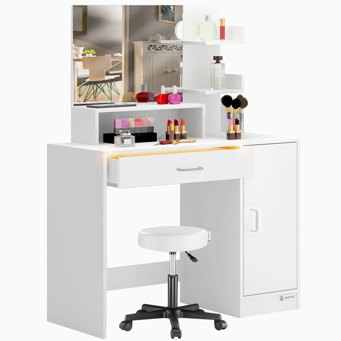 CASARIA® Coiffeuse Jocelyn avec tabouret assise miroir tiroir éclairé 90x40cm table de maquillage rangement dressing