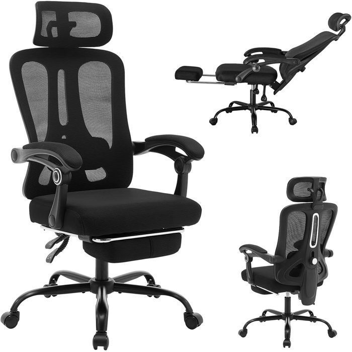 Chaise de Bureau InclinableSALUTMesh RespirantRepose-Pieds ExtensibleAccoudoirs RéglablesAppui-Tête ConfortNoir