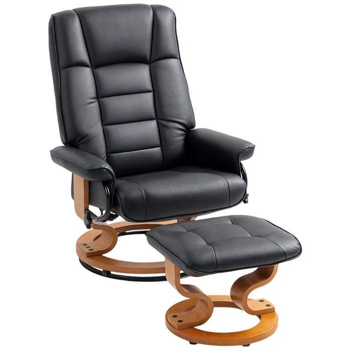 Fauteuil de relaxation inclinable HOMCOM avec repose-pied pivotant cadre en bois revêtement synthétique noir
