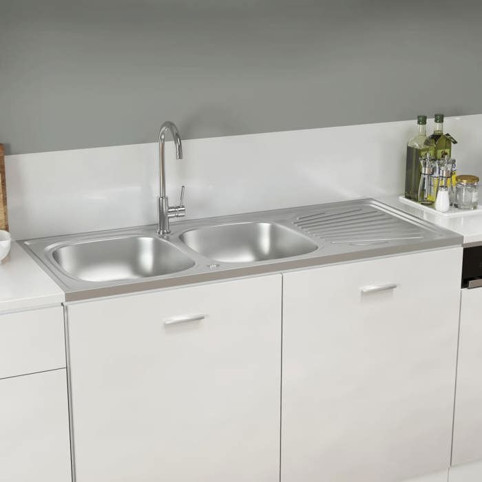 HSF®Évier de cuisine à - 2 bacs - Résistance à la chaleur jusquà 280 ° C - évier argenté 1200x500x155 mm inox cvk94898