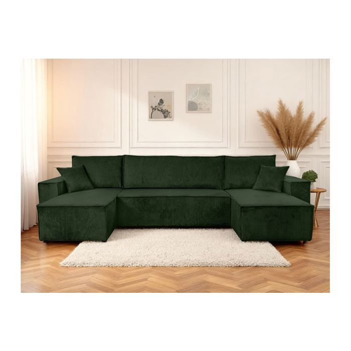 Canapé dangle FARAH panoramique convertible 6 places en velours cotelé - Vert foncé Canapé dangle FARAH panoramique convertible 6 places en velours cotelé - Vert foncé