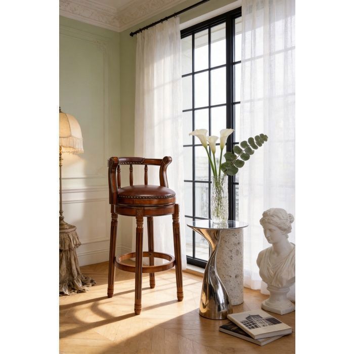 Tabourets de Bar Pivotants en Cuir Véritable Brun et Bois Massif- Chaise de Bar avec Assise Rembourrée et Finition Cloutée - Rétro