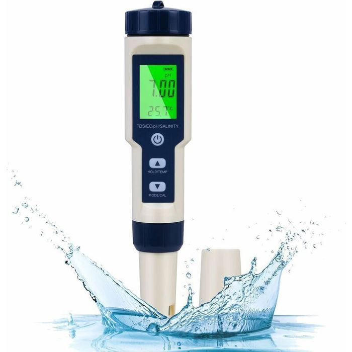 PH-mètre électronique 5 en 1 pH-mètre avec écran LCD rétroéclairé testeur de qualité de leau pour tester pH/TDS/EC/température/