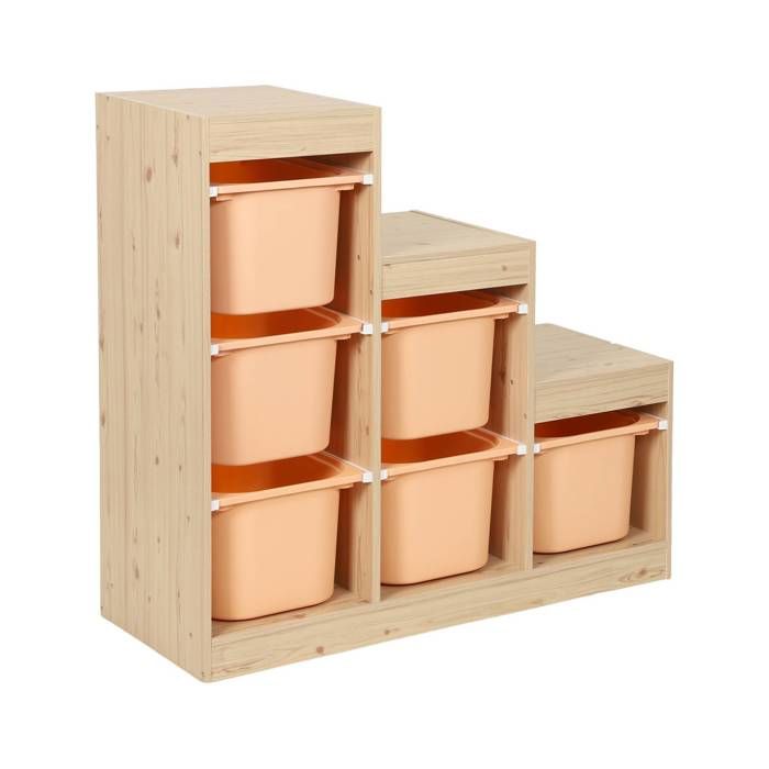 Meuble de rangement enfant escalier 6 bacs de rangement décor bois naturel et pêche - Sora Meuble de rangement enfant escalier 6 bacs de rangement décor bois naturel et pêche - Sora