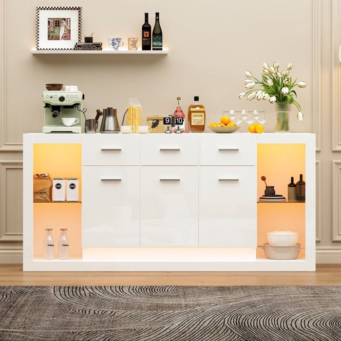 Buffet 160x40x75 meuble de salon avec LED 3 tiroirs finition laquée brillante commode à 14 étagères base en verre trempé blanc